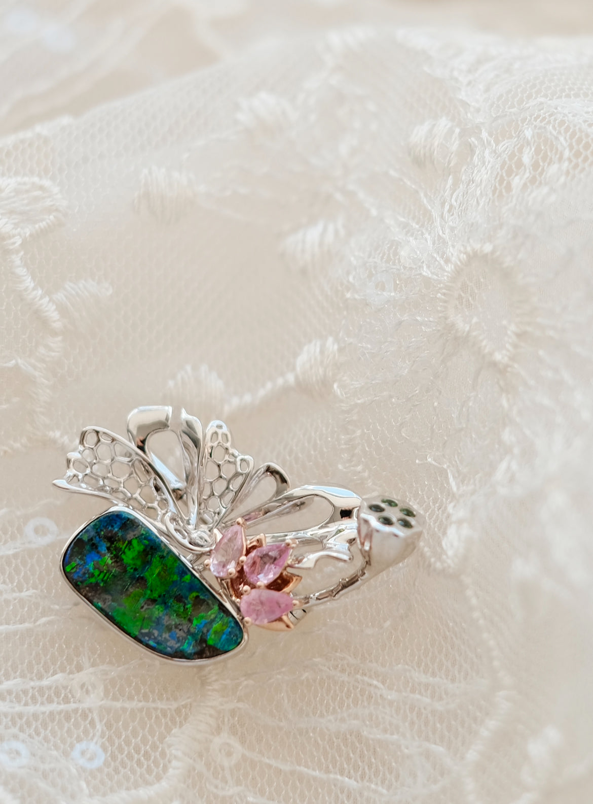 Poetic Oasis, Australian Opal Brooch with Gemstone Water Lily