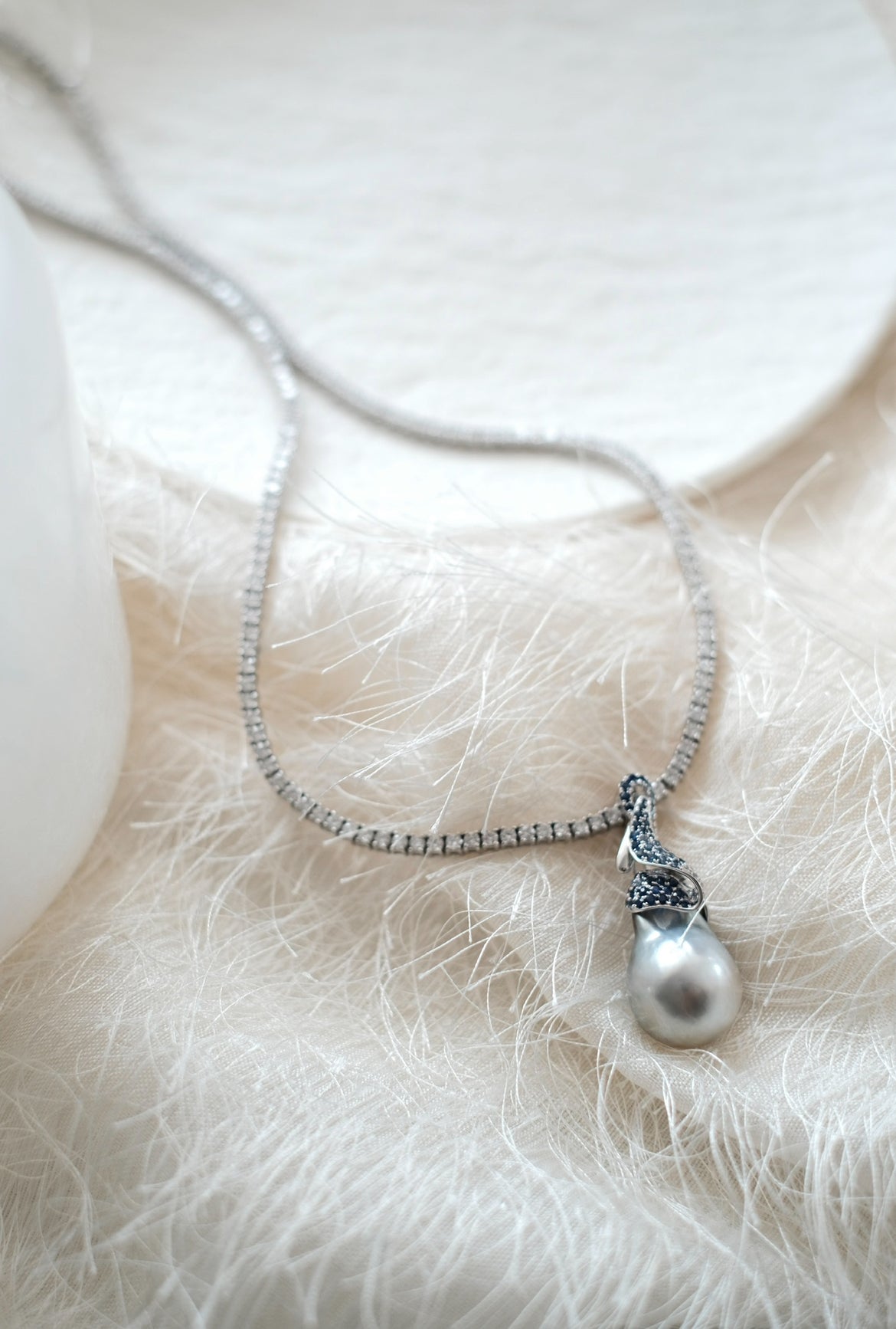 Blooming Splendor: 18k White Gold South Sea Baroque Pearl and Sapphire Pendant